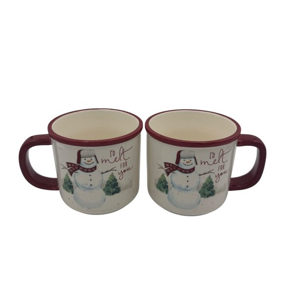 2 Holiday Snowman  Mugs With Red Handle & Rim Id Melt For You Design 12 Oz - Picture 1 of 3